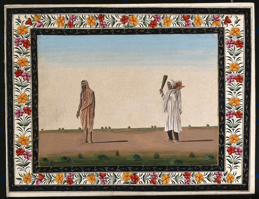 Two Indian women: (left) wearing pink robes and (right) holding a model of a temple and a peacock-feather fan. Gouache…