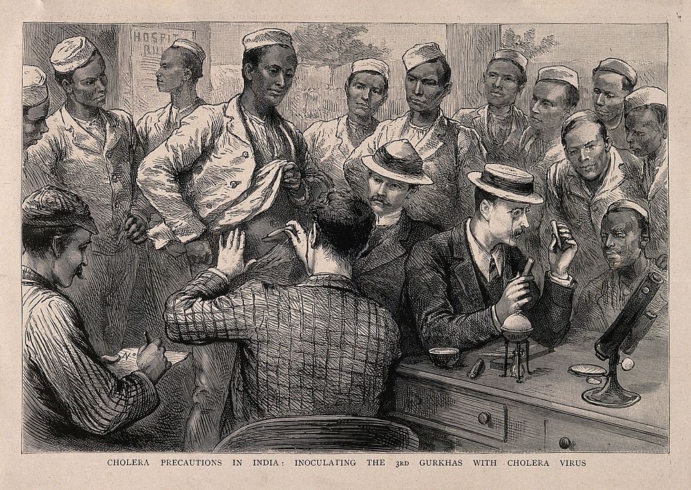 Cholera vaccination of the Third Gurkhas in India at the time of the 1893 epidemic. Reproduction, 1894, of a wood engraving.