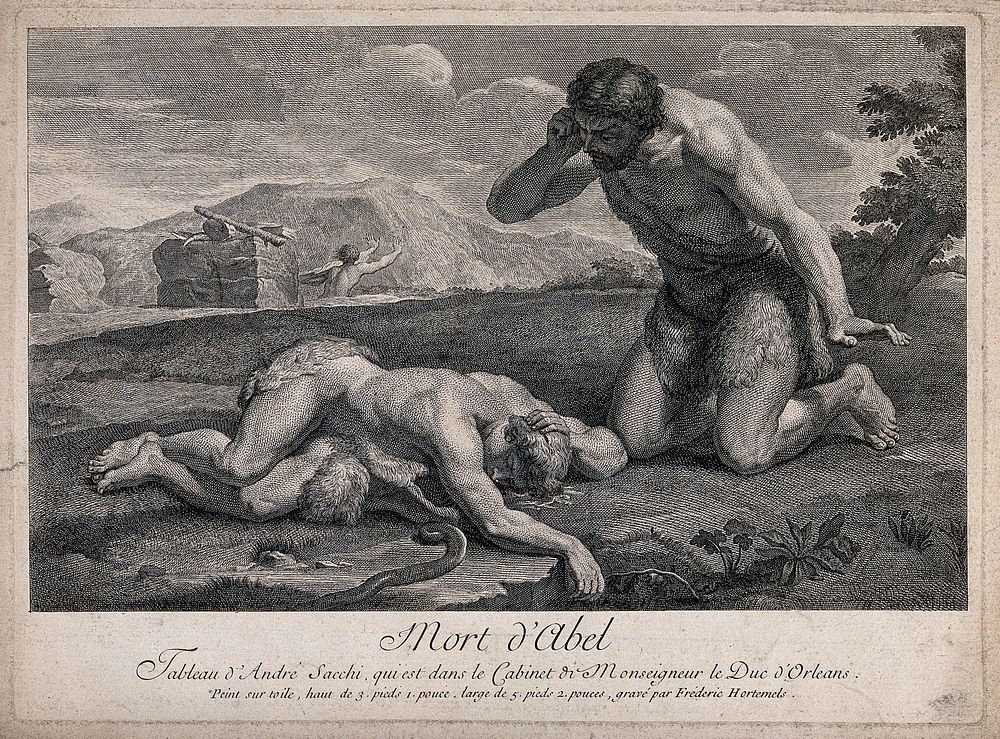 Cain bends over the dead Abel; Cain flees in the background. Etching by F. Hortemels, 1729, after A. Sacchi.