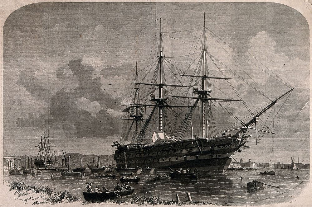 The ship Agamemnon at anchor off Greenwich before setting off to lay the telegraph cable across the Atlantic from Ireland to…