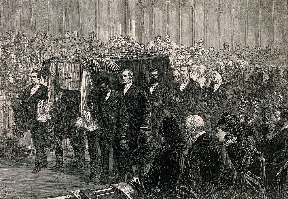 The funeral of David Livingstone in Westminster Abbey in 1873. Wood engraving.