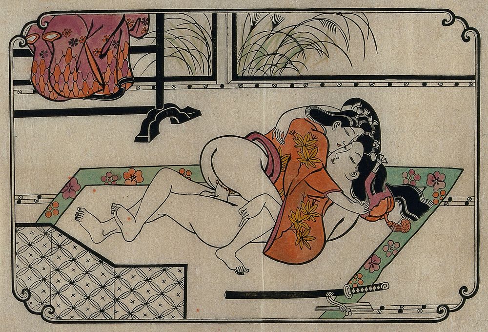 A young couple making love, woman above. Coloured reproduction of a woodcut by Moronobu, ca. 1680s.