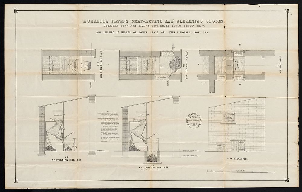 Morrell's patent self-acting ash screening closet : detailed plan for fixing with small vault below seat / Sanitary &…