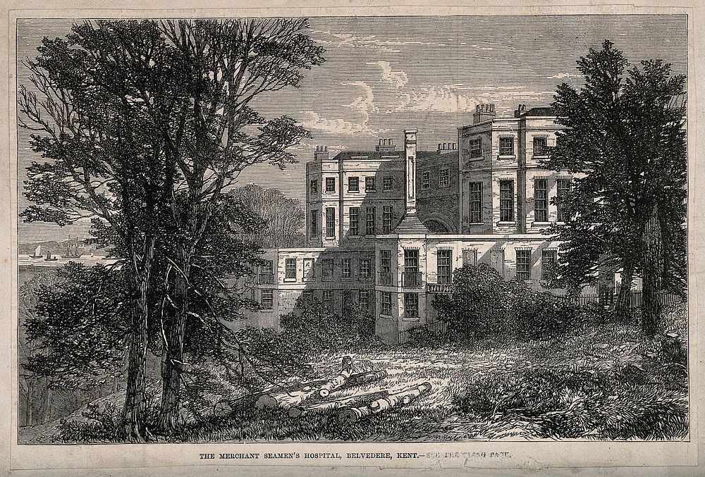 The Merchant seamen's hospital with a view of the grounds and sea, Belvedere, Kent. Wood engraving.