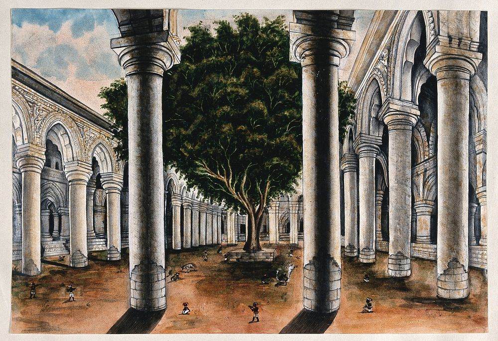 A large colonnade at Courtallum, Tamil Nadu. Watercolour by an Indian painter.
