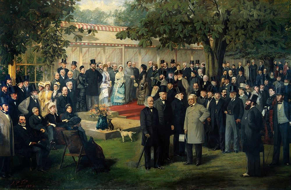 Baroness Burdett-Coutts' garden party at Holly Lodge, Highgate, for members of the International Medical Congress, 1881. Oil…