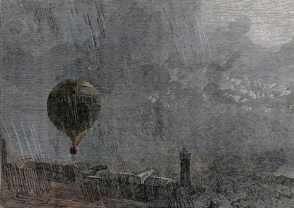 A hot-air balloon leaves the ground in driving rain. Coloured wood engraving.