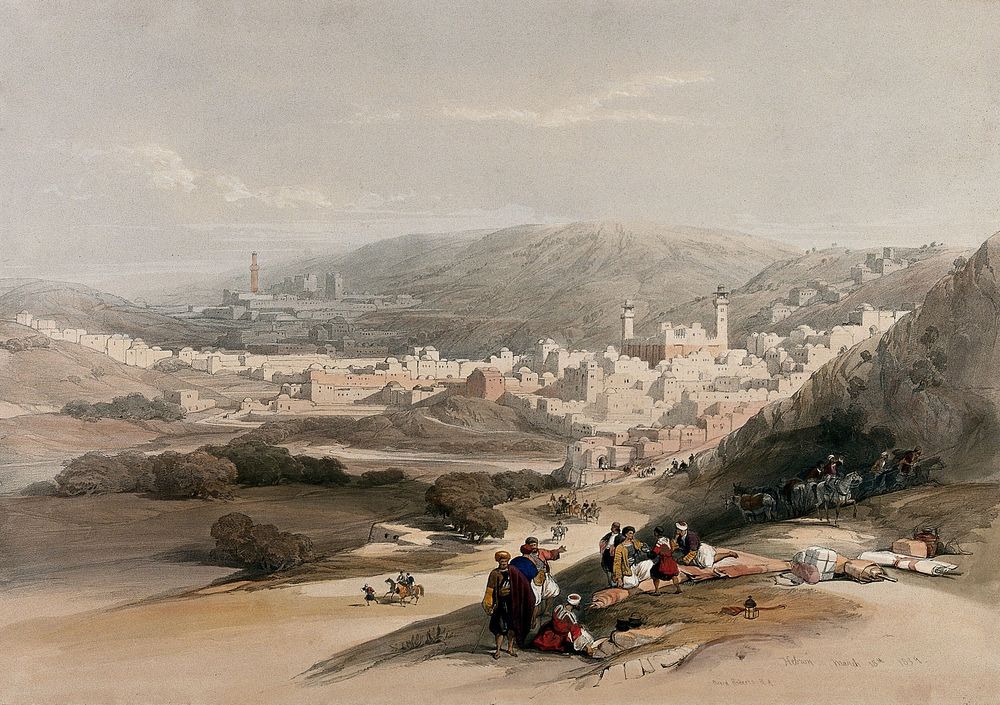 The town of Hebron. Coloured lithograph by Louis Haghe after David Roberts, 1843.