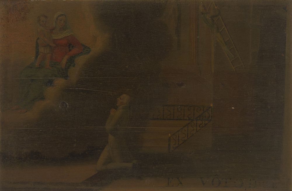 Votive picture: a man praying to the Virgin and Child in a church in which either he or another man stands on a ladder which…