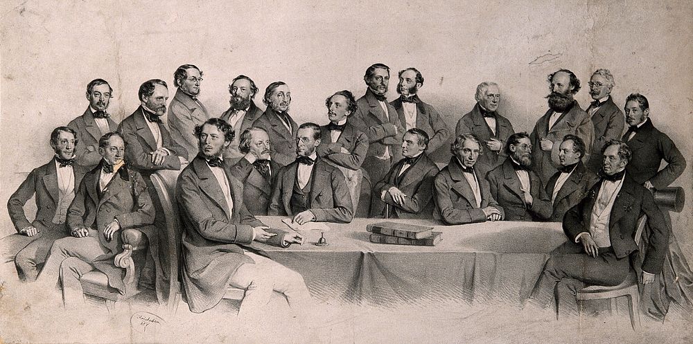 Members of the Association of Homeopathic Doctors, meeting in Vienna. Lithograph by J. Kriehuber, 1857.