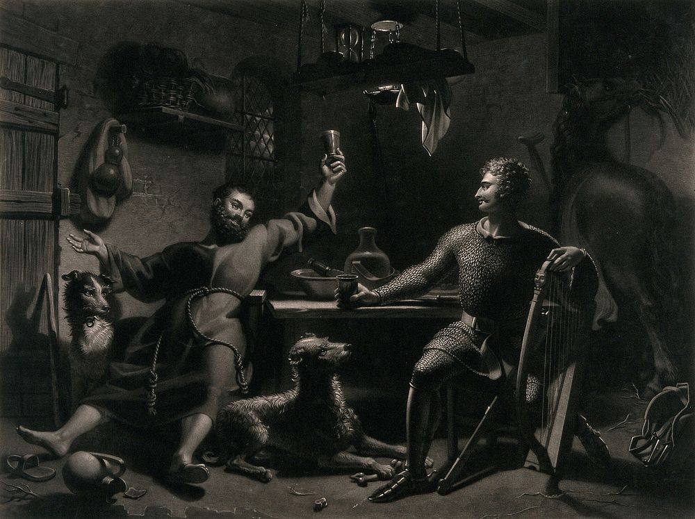 Two men seated at a table, drinking: one has his glass raised, and the other is joining in the toast. Mezzotint by W. Say…