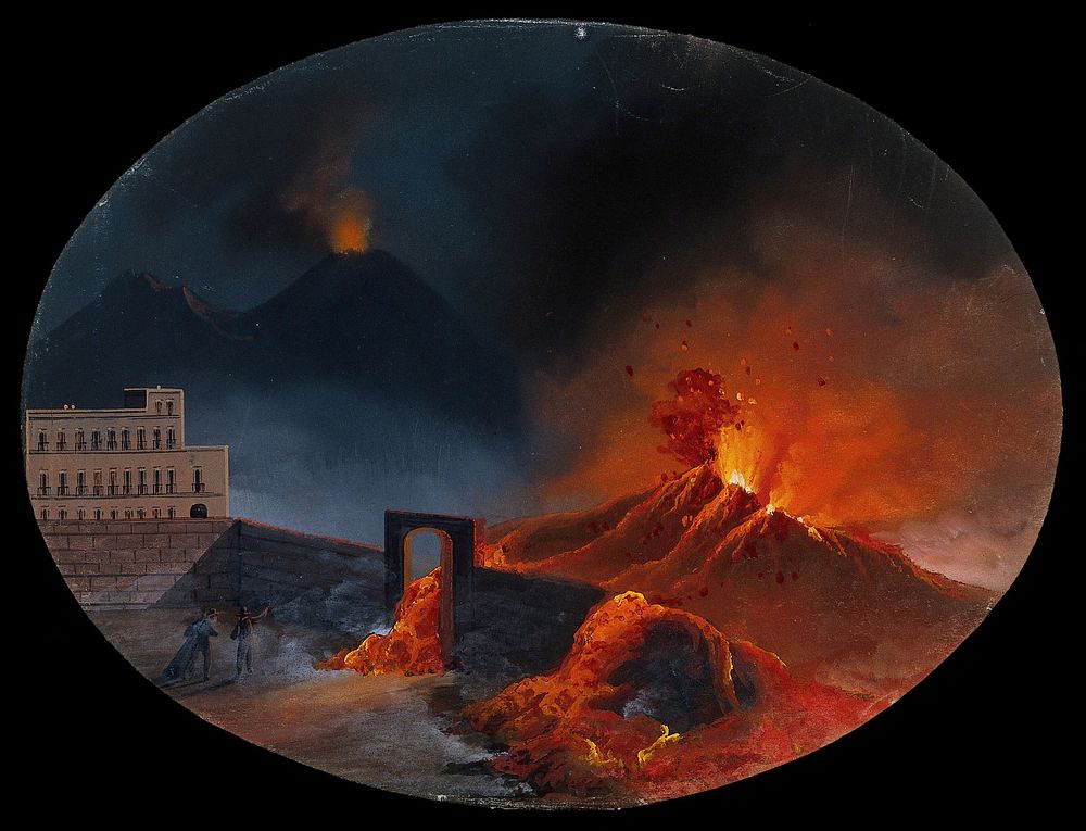 A volcanic eruption in Herculaneum , showing the advance of lava flow over walls, with Vesuvius visible in the background.…