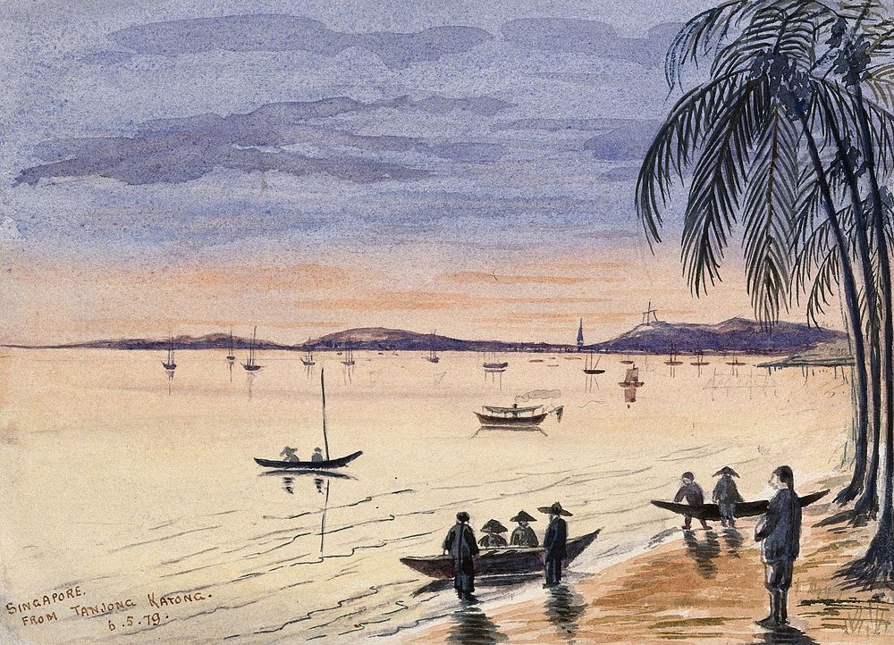 Singapore: view towards Singapore from the beach at Tanjong Katong at sunset. Watercolour by J. Taylor, 1879.