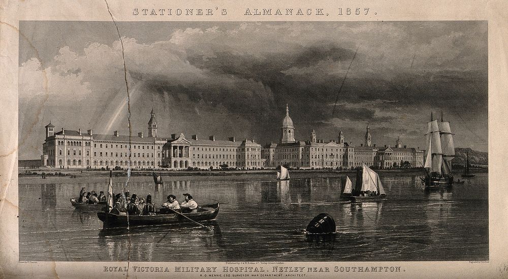 Royal Victoria Military Hospital, Netley, Hampshire: from the harbour. Line engraving by T.A. Prior, 1857, after E. Duncan.