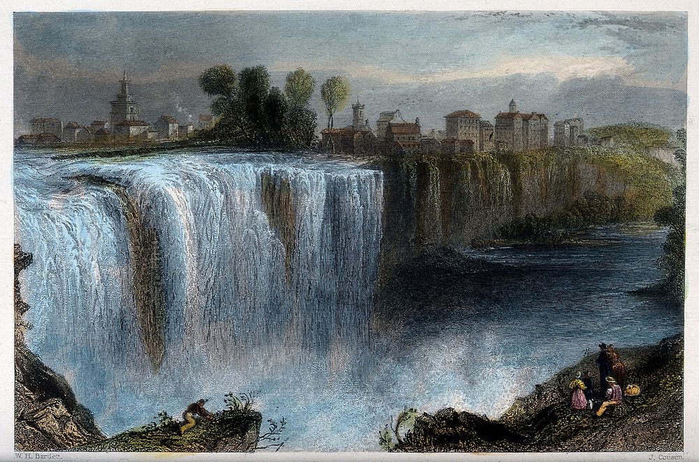 Geography: Genesee River Falls, Rochester, seen from a distance. Coloured engraving, 1837, by J. Cousen after W. H. Bartlett.