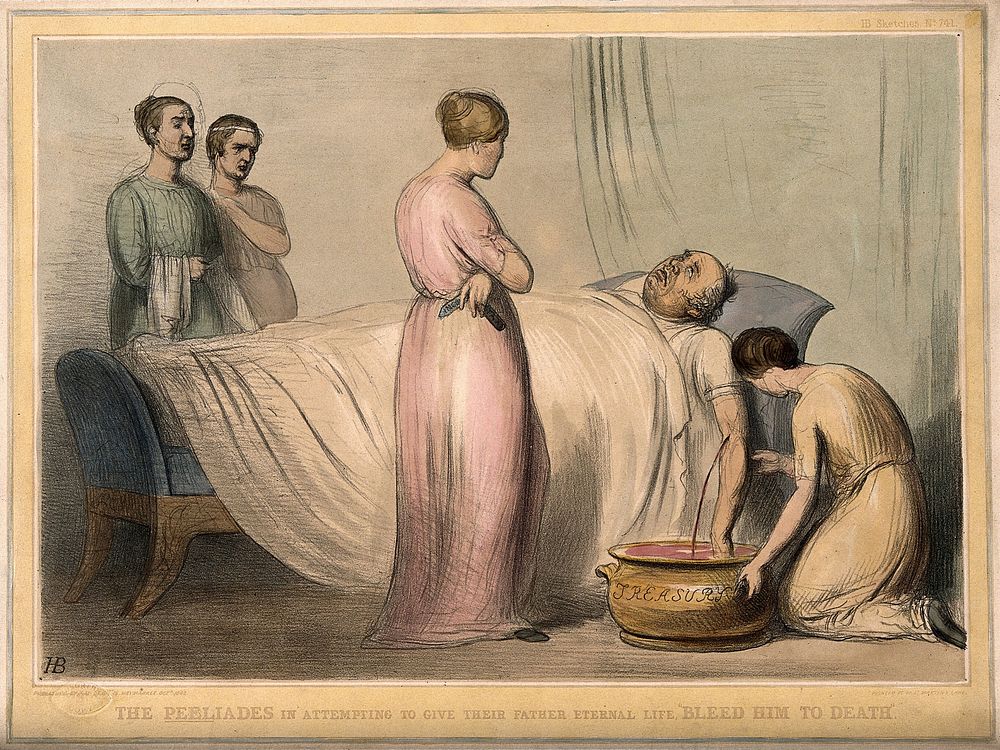 John Bull being bled while lying in bed and surrounded by four women; referring to Britain being drained of resources by…