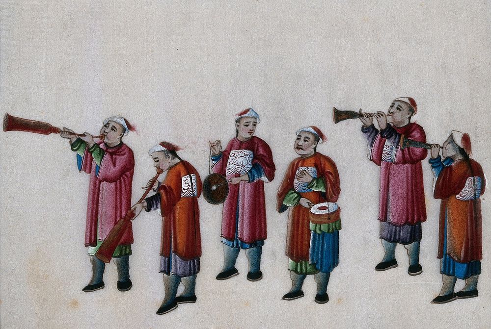 A procession of six Chinese musicians. Gouache by a Chinese artist, ca. 1850.