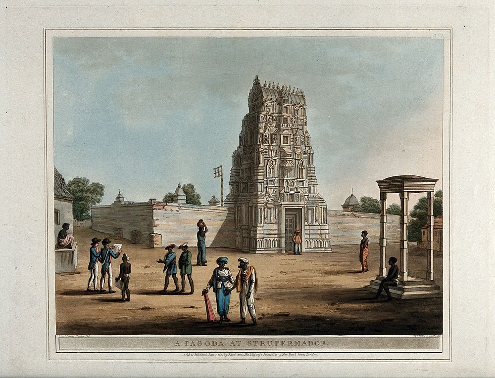 Pagoda at Srīperumbūdur, Karnataka. Coloured aquatint by H. Merke after James Hunter, 1804.