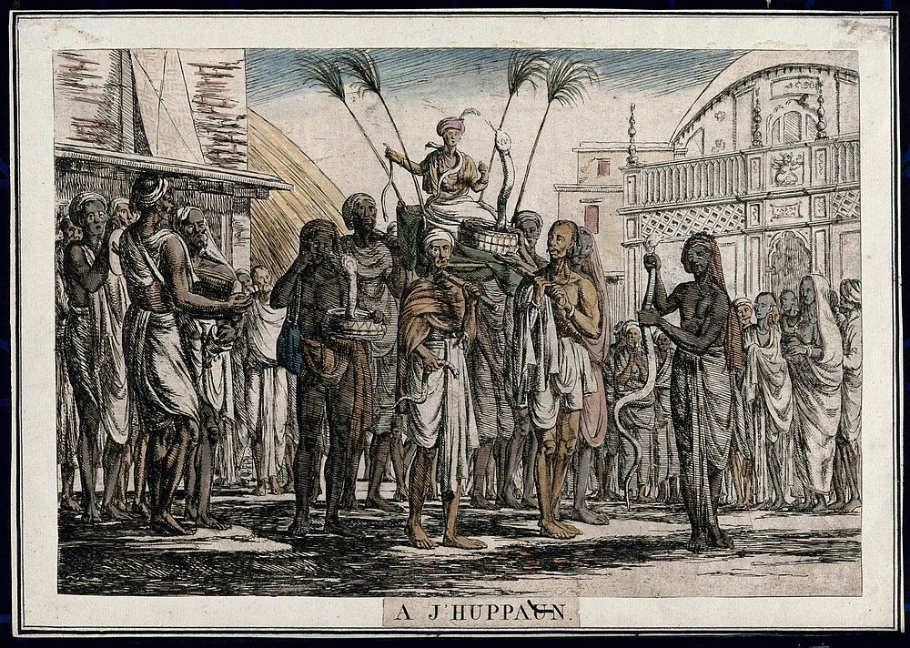 Procession with seated figure carried on a stretcher, with snakes, Calcutta, West Bengal. Coloured etching by François…