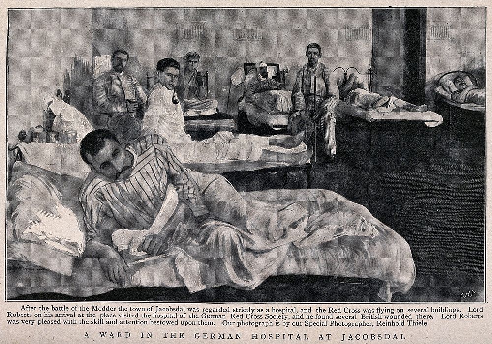 Boer War: wounded soldiers in a ward at the German hospital at Jacobsdal, South Africa. Process print after R. Thiele, 1900.