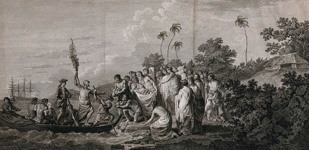 Captain Cook landing on 'Eua Island, Tonga, welcomed by its inhabitants. Engraving by J.K. Sherwin, 1777, after W. Hodges.