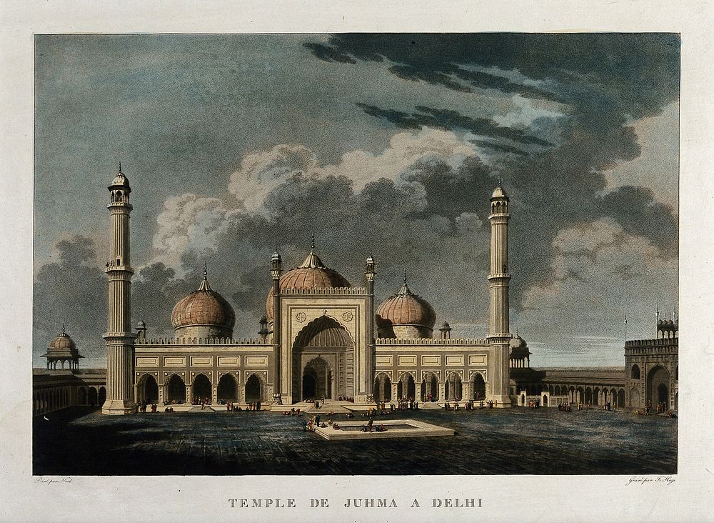 The Jami Masjid, Delhi: front view. Coloured aquatint by F. Hegi after Noel after Thomas Daniell, after 1797.