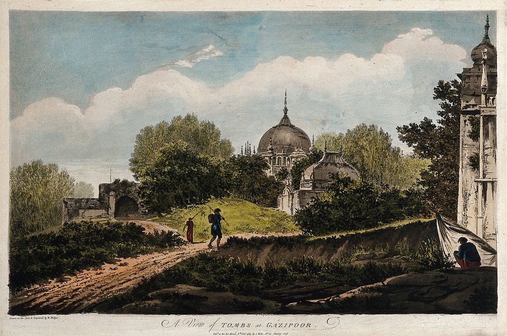 Tombs in the garden of Faiz Ali Khan at Ghazipur, Uttar Pradesh. Coloured etching by William Hodges, 1785.