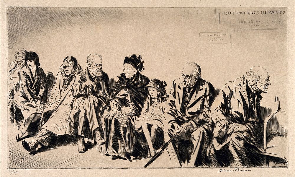 Patients wait in the outpatients' department of a hospital. Drypoint by D. Thorne.