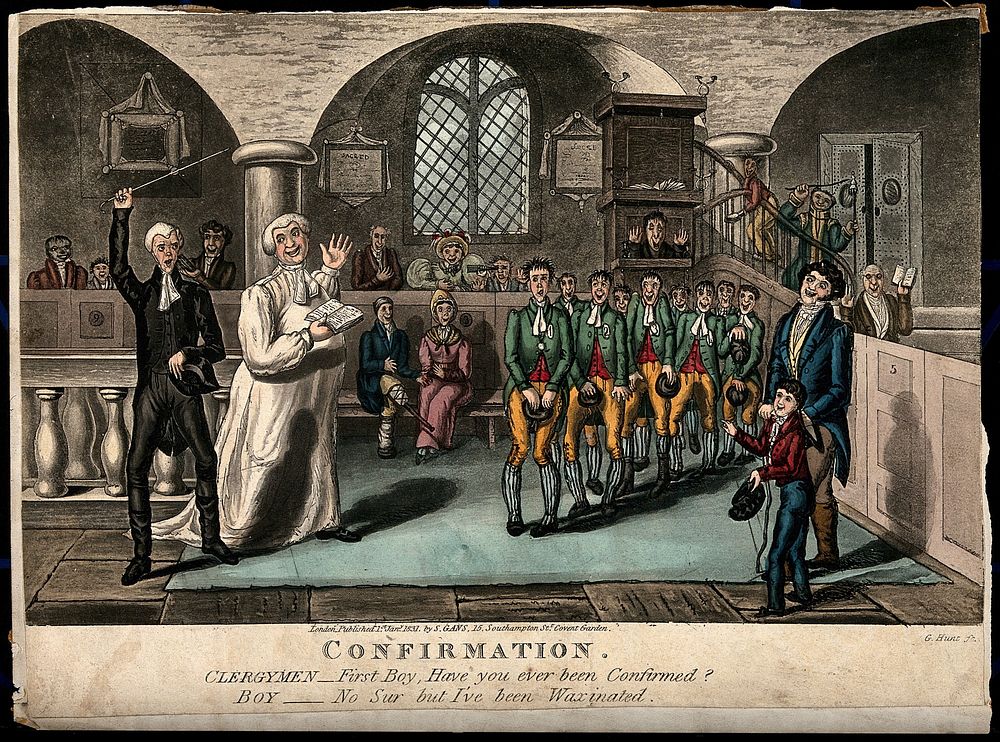 The confirmation ceremony for a group of boys; one of them confuses confirmation with vaccination. Coloured aquatint by G.…