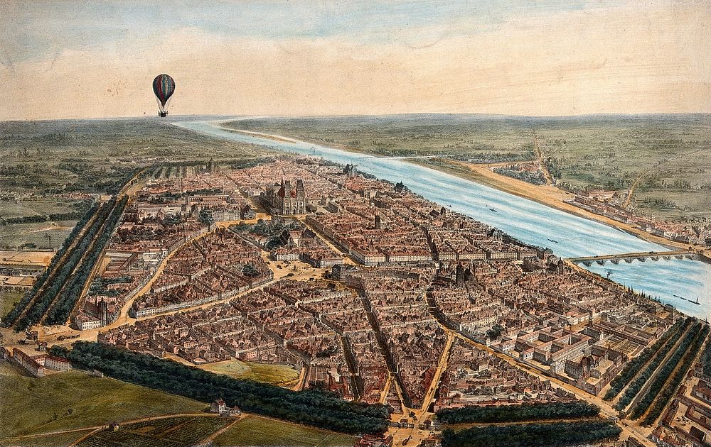 Orléans seen from a balloon. Coloured lithograph by Jules Arnout after himself.
