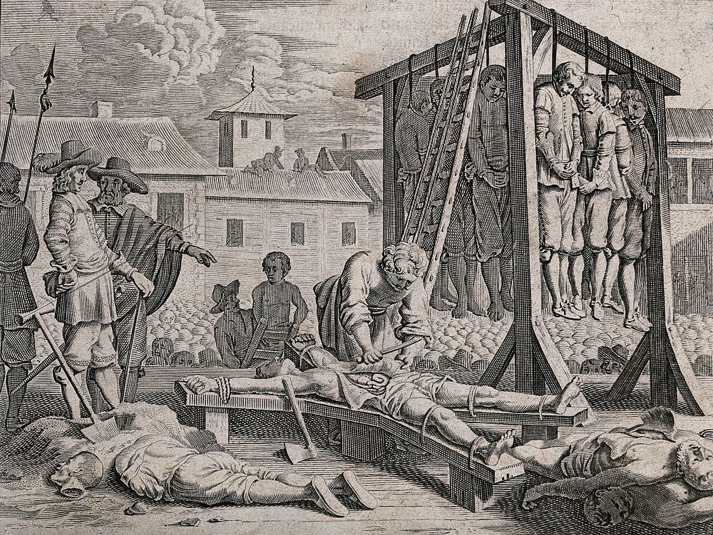 Mass executions on a scaffold before a crowd of spectators: a group of people is hanged together from a gibbet, while others…