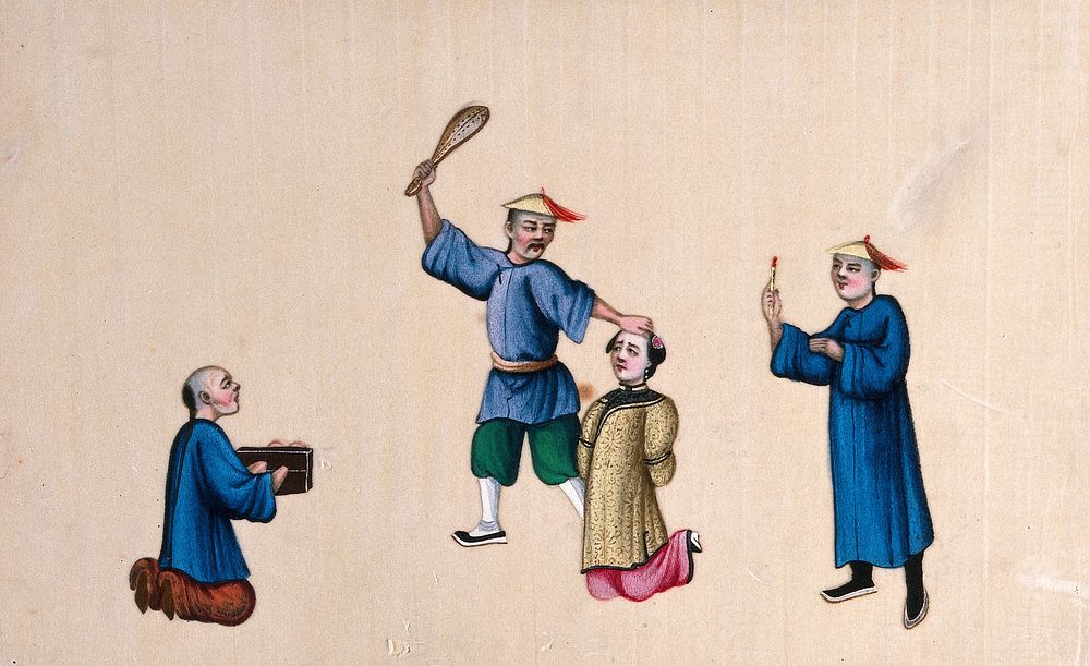 A kneeling Chinese woman is subjected to a beating, while a fellow prisoner looks on, his wrists enclosed in stocks. Gouache…