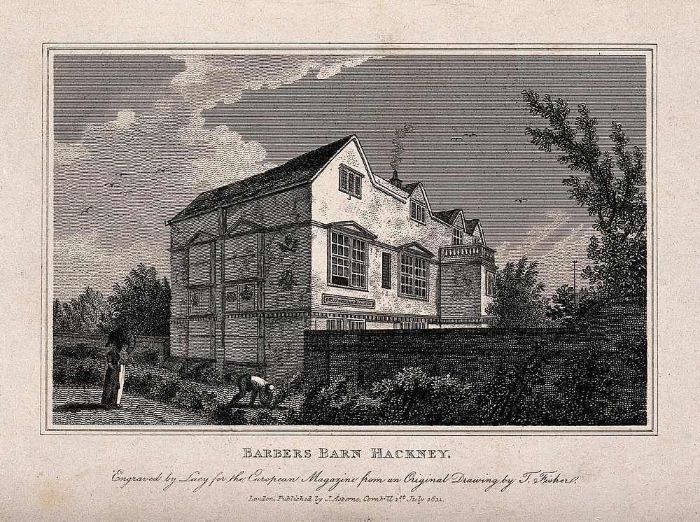 Barber's Barn, Hackney, a timber-framed building with decorative plasterwork, two ladies walking in the garden, a gardener…