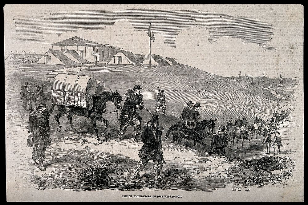 Crimean War: French ambulances before Sebastopol. Wood engraving.
