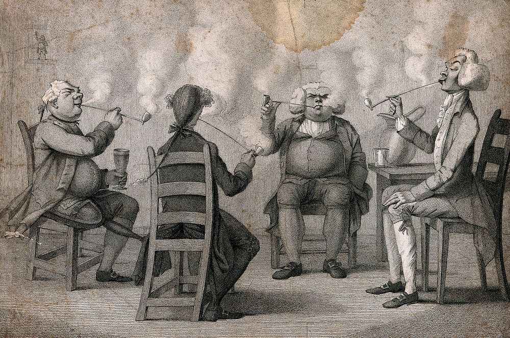 Four Georgian gentlemen at their club seriously engaged in smoking. Stipple print by H. Bunbury, c. 1794.