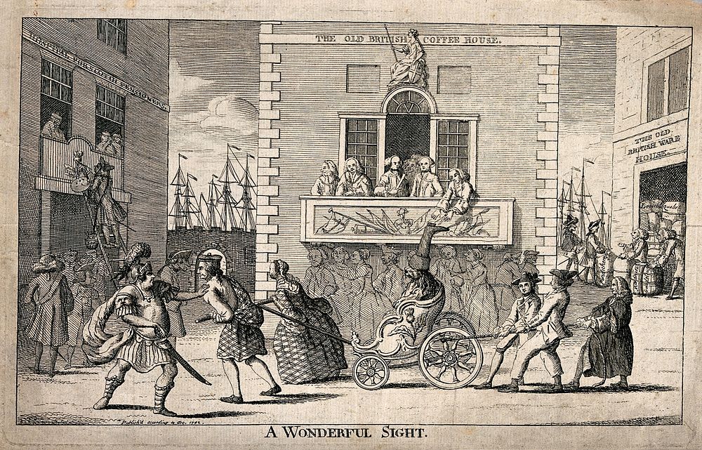A procession with people pulling a dog in a carriage is going past a crowd of people on a balcony. Etching.