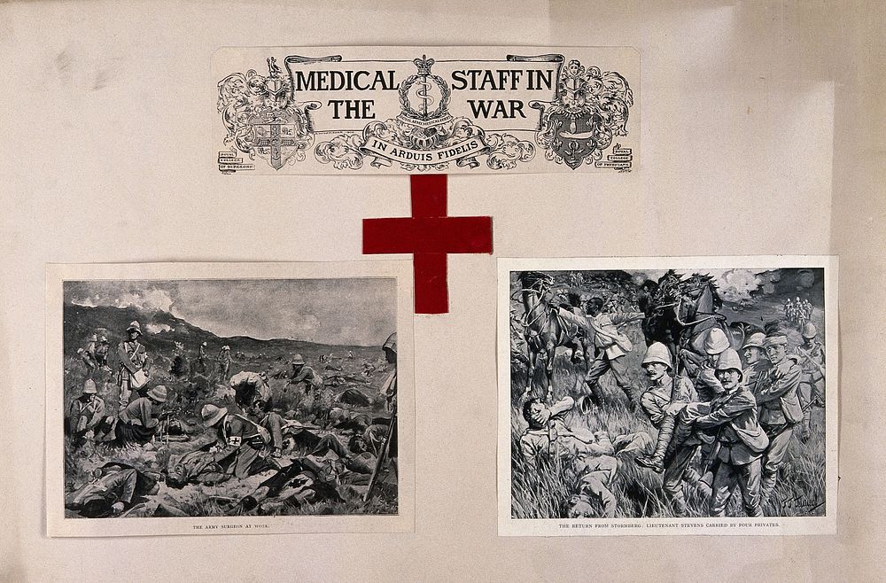 Boer War: the work of the Red Cross and medical staff with coats of arms. Reproduction of watercolours after A. Stewart and…