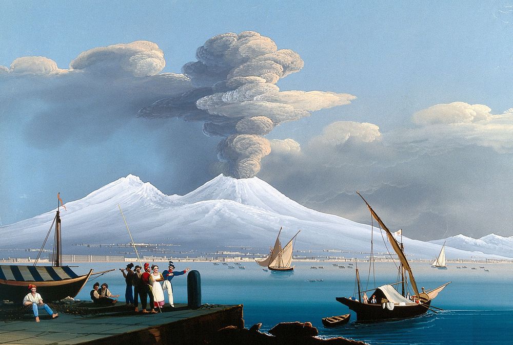 The bay of Naples with Mount Vesuvius erupting and covered in snow, 6 January 1836. Gouache painting by Mauton, 1836.
