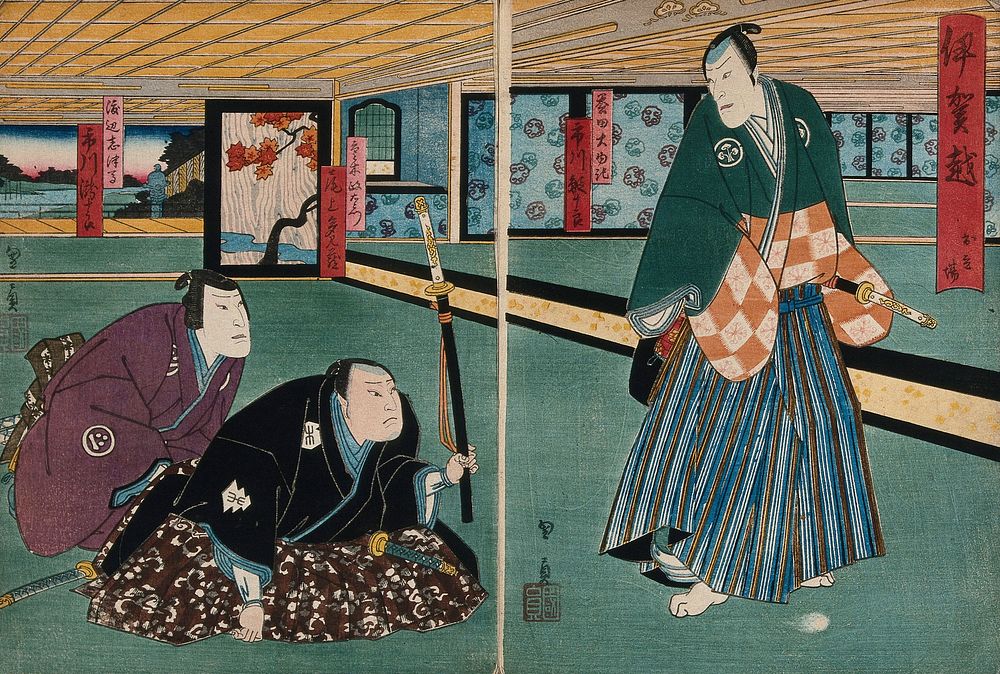 Actors in a confrontation in a large chamber. Colour woodcut by Kunikazu, early 1860s.