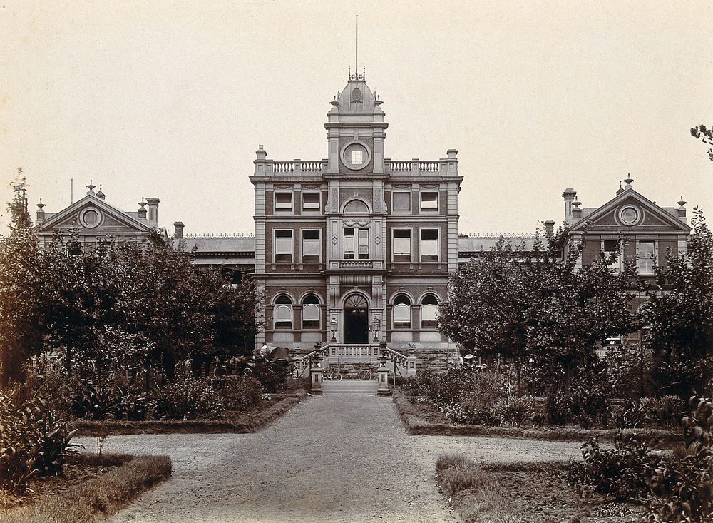 Johannesburg Hospital, South Africa: gardens and the front of the building with entrance. Photograph, c. 1905.