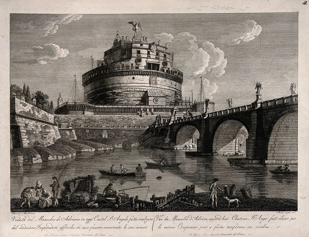 Castel Sant'Angelo (mausoleum of Hadrian), Rome: as seen from the river. Line engraving by F. Morelli, 1796.