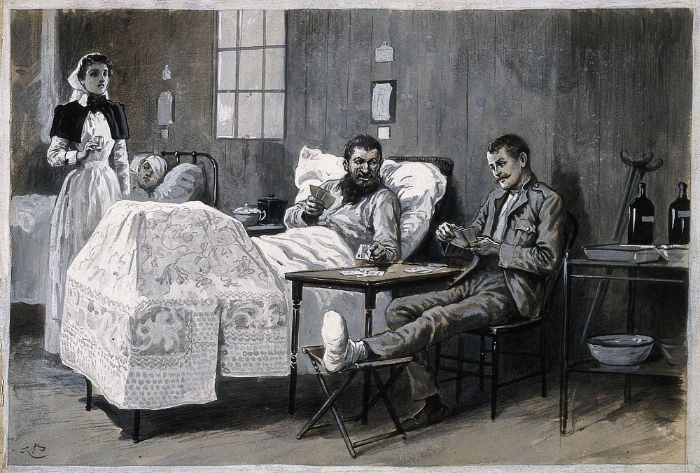 Boer War: two wounded men, one Boer and one British, playing at cards in a hospital ward as a nurse looks on. Pen and ink…