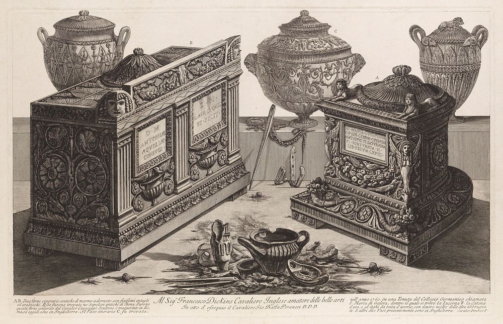 Marble urns and vases, and lamps. Etching by G.B. Piranesi, ca. 1770.