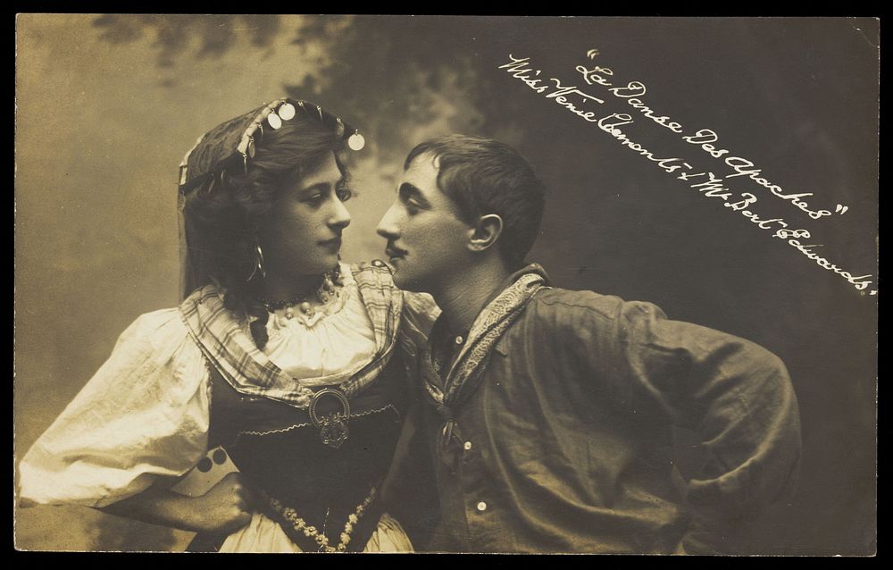Venie Clements and Bert Edwards acting in "La danse des Apaches". Photographic postcard, ca. 1910.