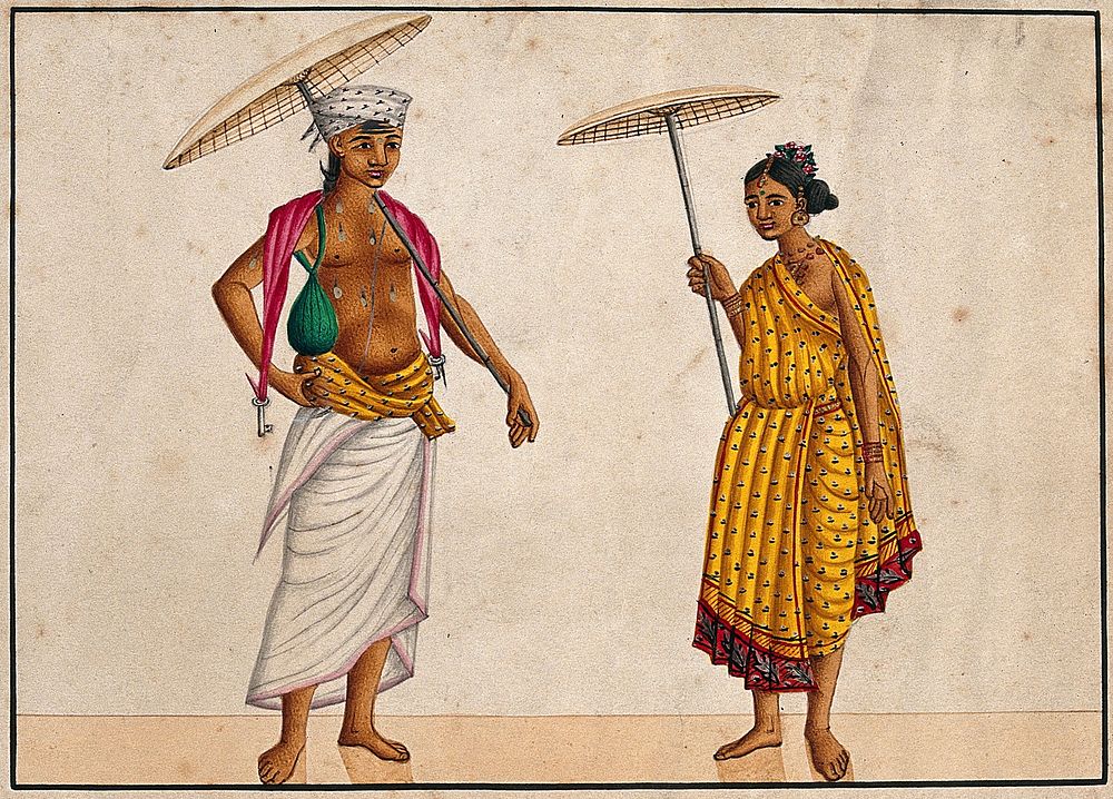 Brahman merchant couple. Watercolour drawing.