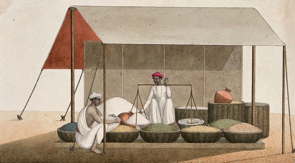 A shopkeeping weighing grains for a customer. Watercolour painting by an Indian artist.