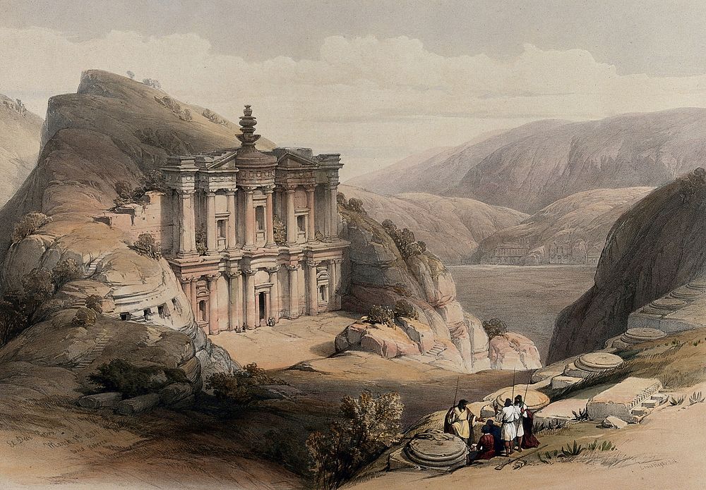 Rock temple of el-Derr at Petra. Coloured lithograph by Louis Haghe after David Roberts, 1849.