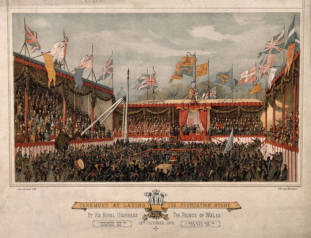 Edinburgh Royal Infirmary: laying of the foundation stone by the Prince of Wales, 1870. Coloured lithograph.