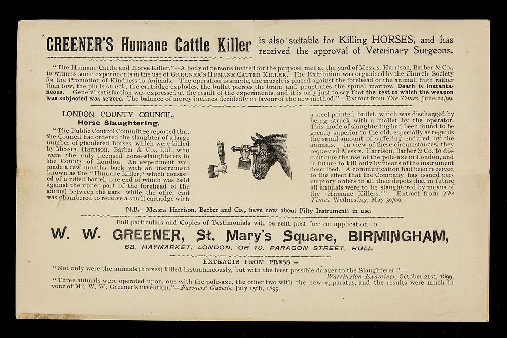 Greener's humane cattle killer / W.W. Greener.