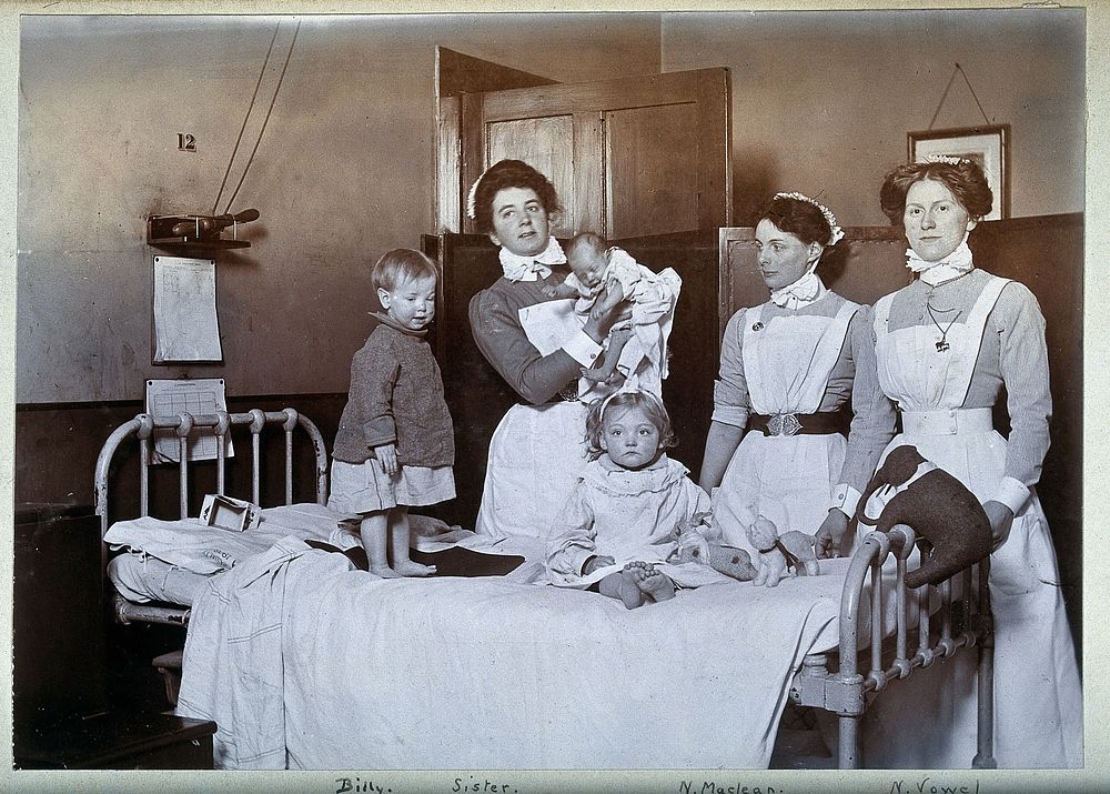 St Bartholomew's Hospital, London: nurses and children in casualty. Photograph, c.1890.